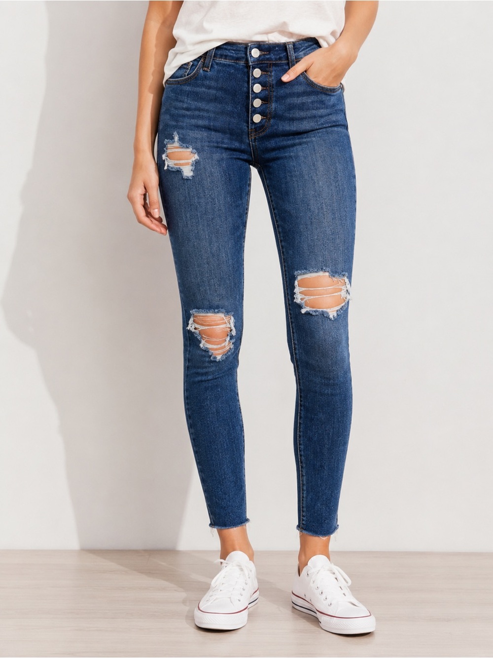 Free People Reagan Raw Hem Skinny Jeans Distressed Button Fly Blue Wash Size 24
